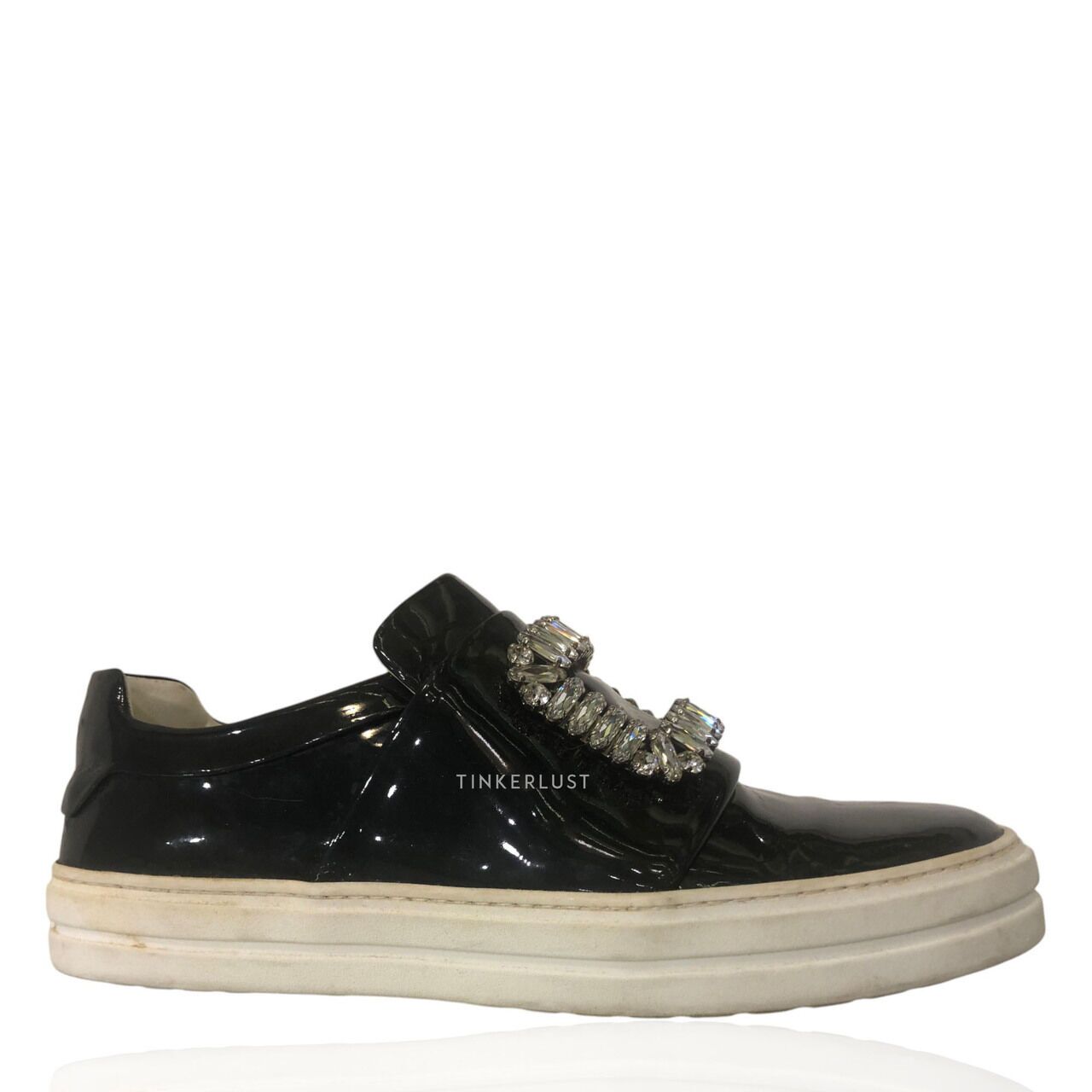 sepatu sneakers Roger Vivier Crystal Embellished Black Patent Leather Slip On Sneakers Tinkerlust